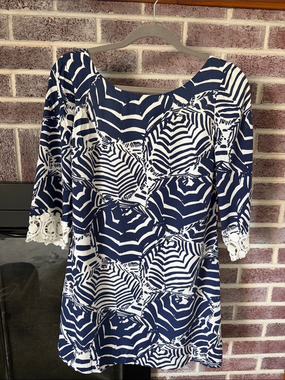 Lilly Pulitzer Navy and White Printed Midi Dress with Crochet Trim